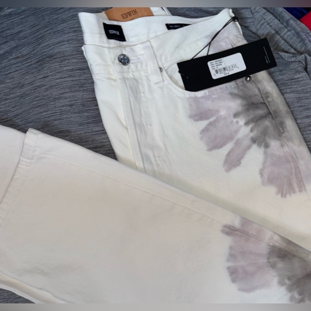 NEW EDWIN Boho Retro Inspired size 27 Kali Highrise Ankle Jeans White Tie Dye - Picture 2 of 8